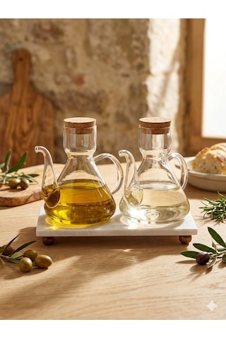 500 Ml + 500 Ml Liya Mermer Stantlı 2li Borosilikat Cam Mantar Kapaklı Yağdanlık Şeffaf