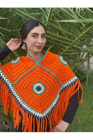 Gönülden Tasarım El Örgüsü Püsküllü Kadın Panço Turuncu