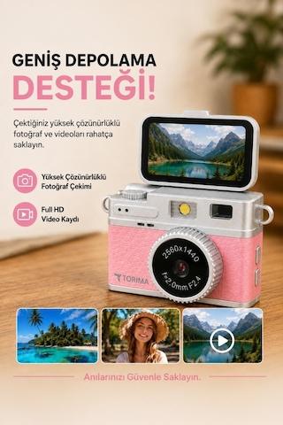 Mini Dijital Kamera 2k Flip Ekranlı Selfie Video Vlog Kamerası Cmr49 Pembe