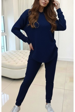S-pazarım Kadın Uzun Kollu Kapşonlu Meloni Bluz Ve Pantolon Ikili Takım Lacivert