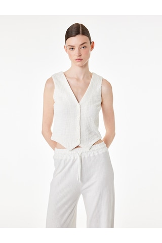 Koton Bürümcük Kumaş Slim Fit V Yaka Düğmeli Yelek Ekru 6sak30004ek
