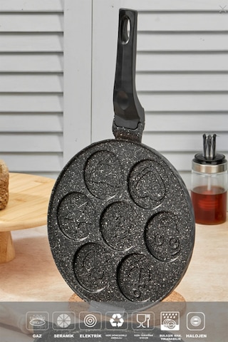 Polochef Ipc-126 Döküm Yanmaz Yapışmaz Emojili Pankek Tava Krep Tavası 26 Cm Siyah
