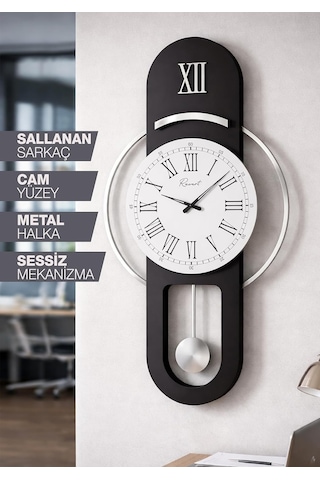 Hareketli Sarkaç, Cam Yüzeyli, Metal Halkalı, Dekoratif Duvar Saati - Roma 70cm Siyah Gümüş Diğer