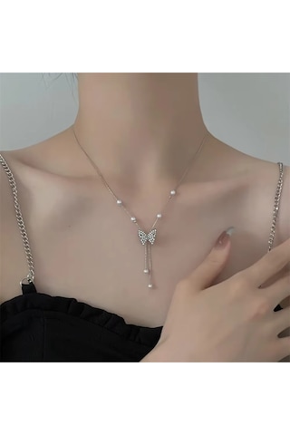 Girift Vintage Shine Kelebek Ve Inci Detaylı Zincir Kolye Metal