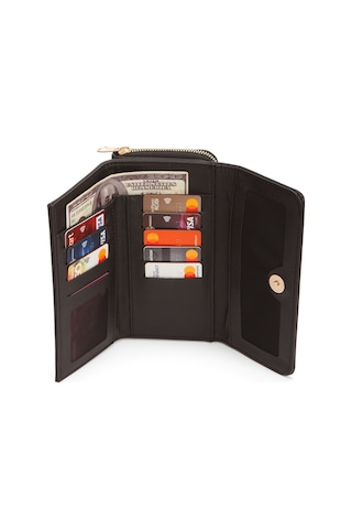 Yaşam Çiçeği Baskılı Şans Cüzdanı Kağıt Bozuk Para Ve Kartlık Bölmeli Siyah Kadın Cüzdan Siyah