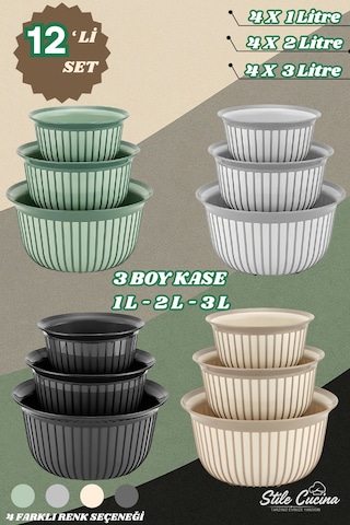 12'li Ekonomik Linea Yuvarlak Kase Seti Antrasit 4x 1 Litre- 2 Litre- 3 Litre Çok Renkli