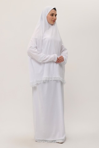 2 Parça Namaz Elbisesi Pamuk Kumaş Dantelli 2205 42 Beyaz