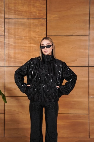 Cemo Full Pul Payetli Siyah Fermuarlı Bomber Ceket Siyah