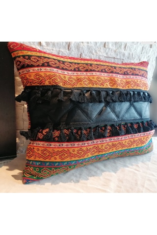 2 Li Set Meksika & Fas Stili Kilim Desenli Gerçek Deri Detaylı İçi Dolgulu Dekoratif Yastık Etnik Boho Lüks Kırlent Turuncu Siyah