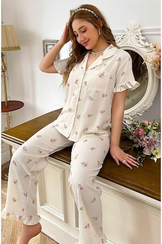 Bella Notte Çiçek Baskılı Fırfırlı Uzun Pijama Takımı Beyaz