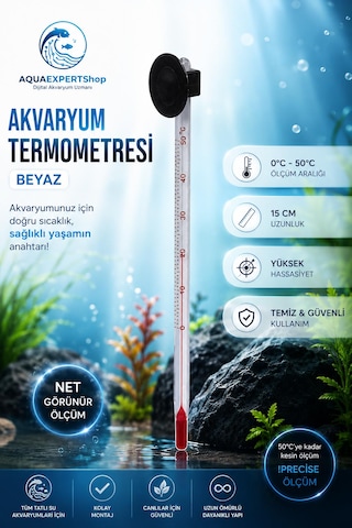Akvaryum Termometre - Beyaz - Hassas Ölçüm - Cam Termometre - 0/50 Derece Arası Ölçüm - Net Görünür - Güçlü Vantuz
