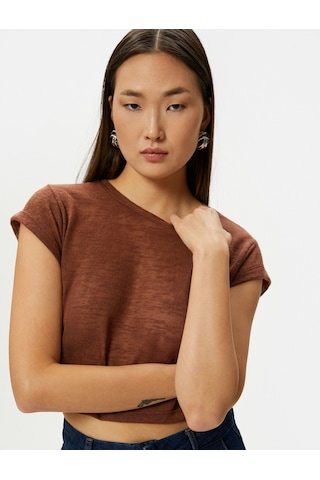 Koton Crop Tişört Kısa Kollu Slim Fit Bisiklet Yaka Kahverengi 4sak50020ek 4SAK50020EK517 Kahve