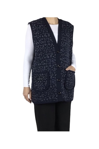 Kadın Önü Düğmeli Cepli Kalın Kışlık Kısa Yelek Lacivert