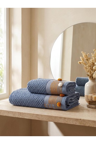 Kod-9832 Pamuk Jakarlı 50x90/70x140 Banyo Havlu Seti 2'li - Indigo