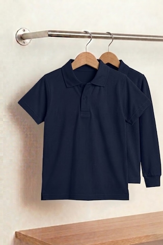 Nacar Store Unisex Çocuk Uzun Ve Kısa Kollu Polo Yaka Okul Tişörtü 2'li Set Lacivert