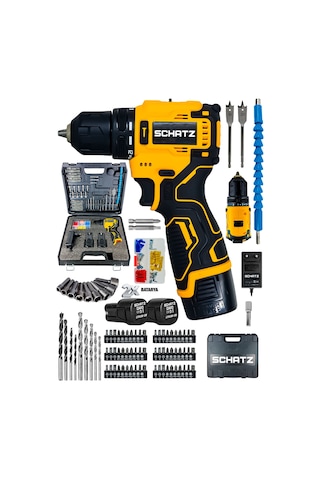 Schatz Profesyonel 12V Kömürsüz Motor Çift Akülü Şarjlı Vidalama Matkap 84 Parça Set Sarı