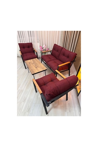 Houseart Menekşe Balkon, Bahçe,teras,cafe - Salon - Metal Kanepe Koltuk Takımı - 2 1 1 Sehpa Bordo