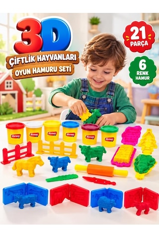 3d Çiftlik Hayvanları Hamuru 21 Parça 6 Renkli Hayvan Kalıplı Ve Aksesuarlı Oyuncak Hamuru Seti Çok Renkli