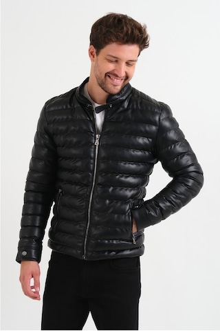 Oliggopol Erkek Siyah Slim Fit İçi Kürklü İç Cepli Şişme Deri Mont Siyah