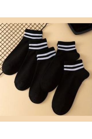 Trampler Kısa Çemberli Kolej Unisex Çorap Patik 5 Çift Siyah