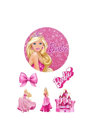 Yenilebilir Yuvarlak Pasta Ve Figür Resim Baskısı Şekerli Kağıt Barbie Temalı 02