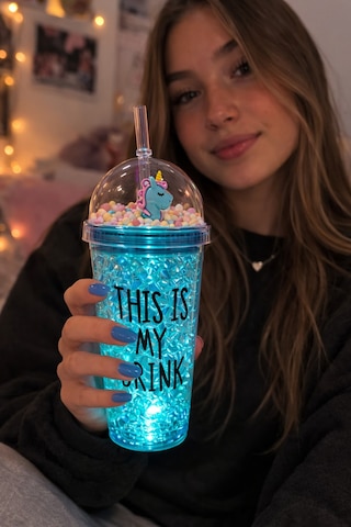 Sevimli Renkli Çılgın 450ml Led Işıklı This İs My Drink Temalı Pipetli İçecek Bardağı Suluk 2642mavi Mavi