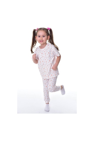 Kız Çocuk Yazlık Pamuklu Pijama Takımı Çiçek Desenli, Kısa Kollu, Konforlu Kırık Beyaz
