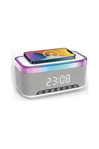 Hoparlör Bluetooth Masa Lambası Gece Lambası Hızlı Şarj Işıklı Saatli Wireless Şarj Hoparlör Füme