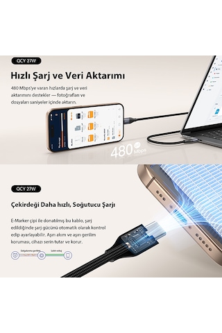 27w Type-c To Lightning Şarj Kablosu 1.2 Metre Halat Örgü 480mbps Kırılmaz Data Kablosu Dc23 Siyah