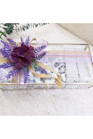 Metal Cam Kutuda Süslü Mor Çiçekli Nişan Çikolatası 80 Adet