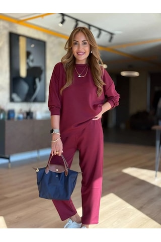 Tua Moda Kadın Uzun Kollu Bisiklet Yaka Viskon Iki Iplik Bluz Ve Pantolon Ikili Takım Bordo