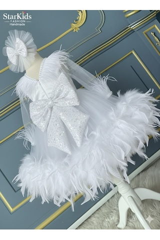 Star Kids Fashion Kız Çocuk Beyaz Otrişli Elbise, Kız Çocuk Parti Elbise,abiye Elbise,toka Dahil