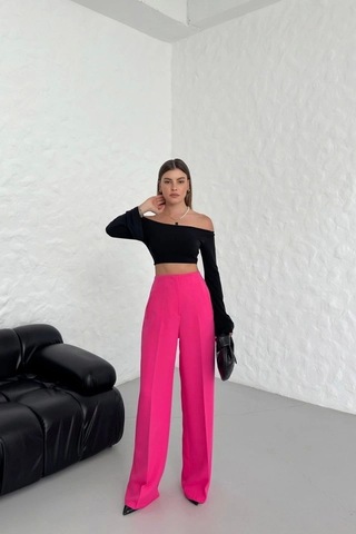 Defymoda Yüksek Bel Pensli Palazzo Pantolon Fuşya