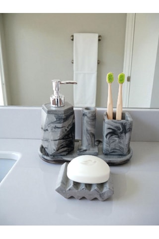 5'li Antrasit Desenli Görünümlü Banyo Seti Tuvalet Wc Sıvı Sabunluk Diş Fırçalığı Beton Antrasit Antrasit