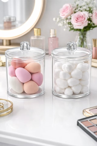 Vivart Şeffaf Pamukluk & Kulak Çubuğu Kabı 2 Li Set Banyo Düzenleyici Organizer Şeffaf