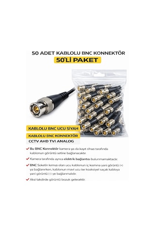 50 Adet Kablolu Bnc Konnektör 50li Paket Güvenlik Kamerası Bağlantı Soketi Kablolu Bnc Ucu Siyah