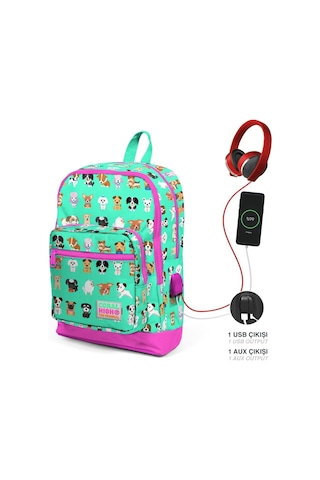 Coral High Okul Çantası Ve Beslenme Çantası Seti - Kız Çocuk Yeşil Pembe Köpek - Usb Soketli