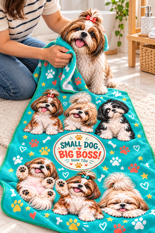 Kedi & Köpek Kurulama Havluları Shih Tzu - Köpek Desenli Büyük Boy Hızlı Kuruyan 60x120cm
