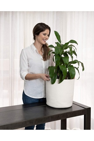 Ikili Dekoratif Jüt Saplı Hasır Sepet Saksı 30 Cm Ve 25 Cm , Dekoratif Saksı Ve Havluluk Beyaz