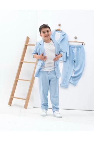 Zelhanjunior Erkek Çocuk Keten Takım Elbise 3 Parça Açık Mavi