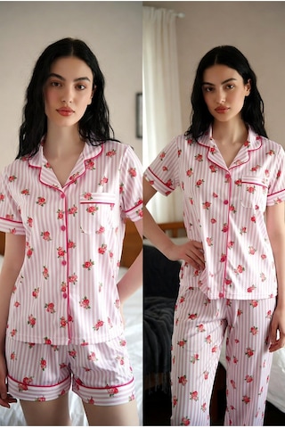 Mh Moony Homewears Kısa Kol Rose Whisper 3'lü Yumuşacık Pijama Çok Renkli