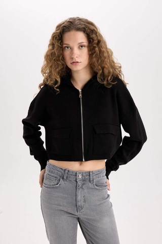 DeFacto Regular Fit Kapüşonlu Basic Düz Fermuarlı Triko Hırka E2270AXNSBK81 Siyah
