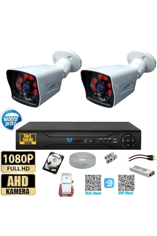 2 Kameralı 500 Gb Hdd 5mp Lensli 1080p Fullhd Kamera Seti - Su Gecirmez- Sabit İp Gerektirmez