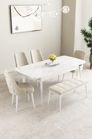 Clara Beyaz 80x132 Açılabilir Mdf Masa Yemek Odası Takımı,mutfak Takımı 4 Sandalye 1 Bench Krem