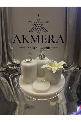 Akmera Afyon Beyazı Mermer 5 Parça Lüks Banyo Aksesuarı Beyaz