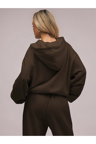 Macklin Unisex Kadın Erkek Baskısız Sportif Oversize 3 İplik Kapüşonlu Hoodie Ve Baggy Eşofman Altı Kahverengi