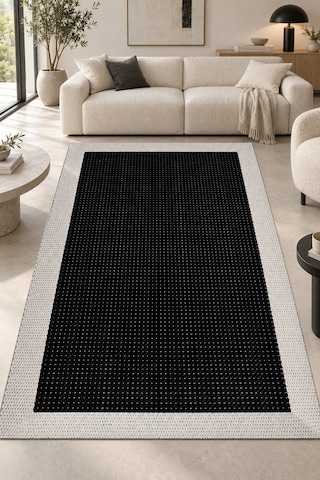Vatra Modern Sisal Görünümlü Polyester Halı, Robot Süpürge Uyumlu, Mutfak Oturma Odası Koridor Halısı Siyah/ekru