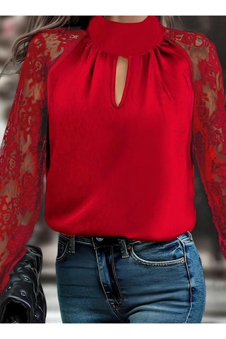 Tua Moda Kadın Uzun Kollu Göğüs Pencere Detay Yaka Boğazlı Kolları Tüllü Sandy Bluz Kırmızı