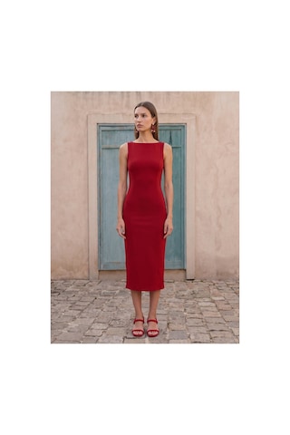 Dilvin 91099 Extra Slim Fit Midi Elbise-kırmızı-16464