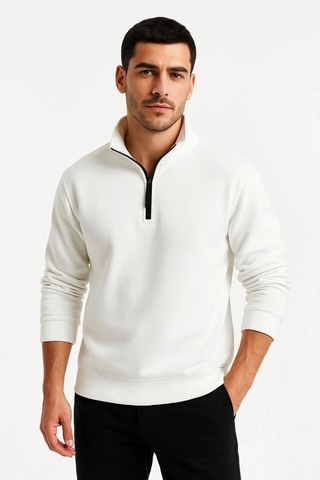 Erkek Dik Yaka Sweatshirt Dik Yaka Yarım Fermuarlı 3 İplik Şardonlu Pamuk Kumaş - Beyaz Beyaz